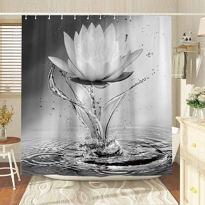 Lotus Shower Curtain Black White Grey Flower Elegant Blooming Floral with Dew Spring Flower Reflection on Water Modern Romantic Polyester Fabric Bathroom Decor 70×84 Inch with Hook