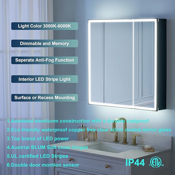 WELLFOR 30" X 30" LED Mirrored Medicine Cabinet, Medicine Cabinets with Lights for Bathroom, Defogging Function Mirror Cabinet, Bathroom Medicine Cabinet with USB Port & Outlet, Double Doors