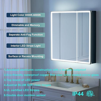 WELLFOR 30" X 30" LED Mirrored Medicine Cabinet, Medicine Cabinets with Lights for Bathroom, Defogging Function Mirror Cabinet, Bathroom Medicine Cabinet with USB Port & Outlet, Double Doors