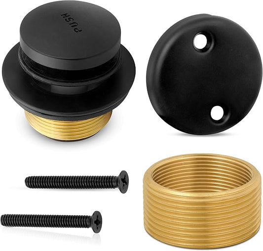 Tip-Toe Bathtub Drain Trim Kit with Two-Hole Overflow Faceplate – All Brass Tub Drain Stopper Replacement – Fits Fine or Coarse Thread Drain Shoe – Universal Tub Drain Assembly