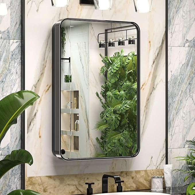 Keonjinn Black Medicine Cabinet 17 x 25 Inch, Heavy & Solid Bathroom Medicine Cabinet with Mirror, Stainless Steel Framed, Adjustable Shelves, Recessed or Wall Mount, Bathroom Mirror with Storage
