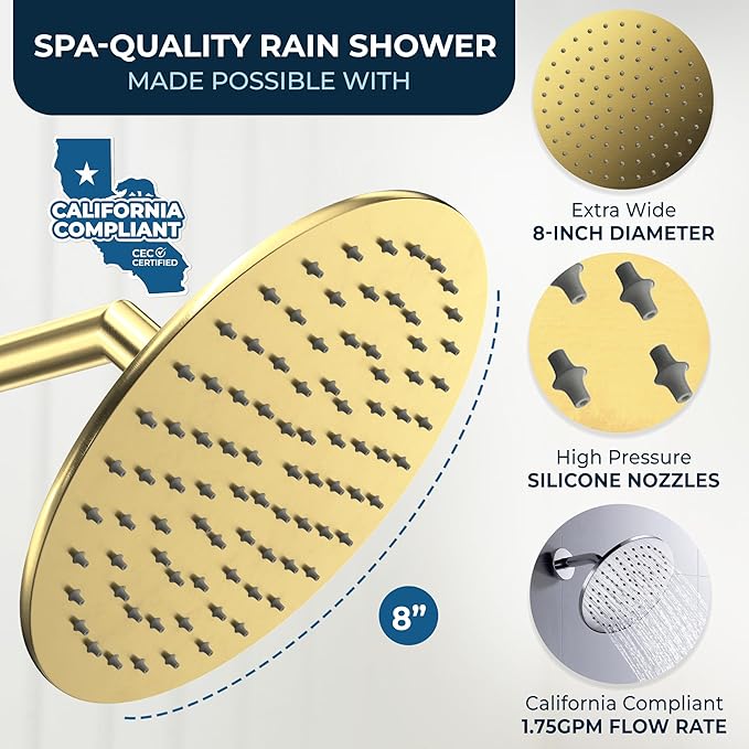 HammerHead Showers Solid Metal Round 8 Inch Rainfall Shower Head, High Flow Shower Head Optimized for Pressure, Brushed Gold, 1.75 GPM