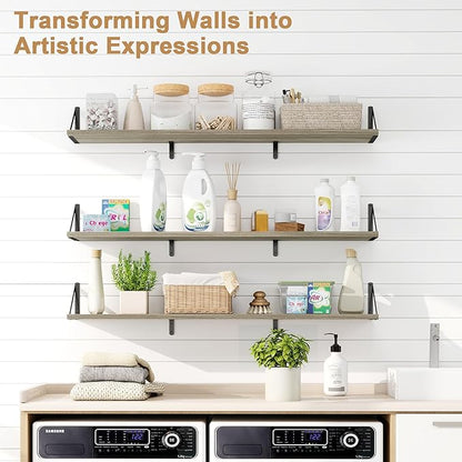 Fun Memories Extra Long Floating Wall Shelves, 48 x 8 Inches, Set of 3 Large Wood Floating Bookshelves with Metal Brackets for Storage & Display (Grey)