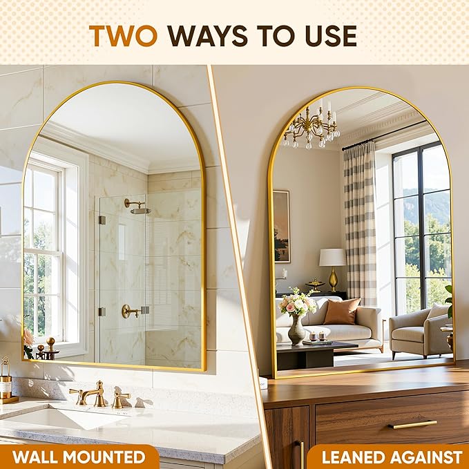 Arched Mirror 24"x36", Bathroom Mirror, Wall Mounted Vanity Mirror with Arch Metal Frame for Bathroom, Over Sink, Bedroom, Living Room, Flat Frame, Gold