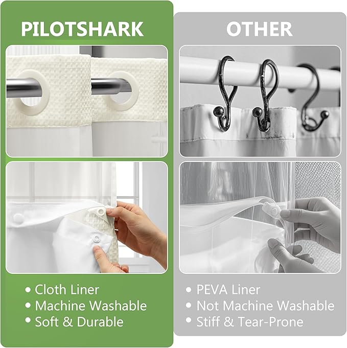 No Hook Waffle Weave Shower Curtain Set with Snap-in Fabric Liner and Mesh Top Window,256GSM Heavy Duty Fabric,Cream Washable Luxury Shower Curtain for Bathroom Stalls (72x75 Inch)