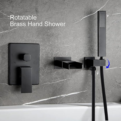 TapLong Matte Black Wall Mount Tub Filler Faucet Set with Hand Held Shower, Modern Bathtub Faucet with Waterfall Tub Spout Solid Brass Single Handle Shower Faucet Set with High Flow Rough in Valve