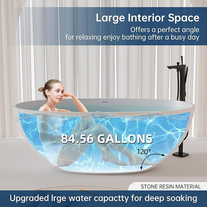61'' Resin Stone Soaking Bathtub Oval Solid Surface Freestanding Soaking Bathtubs Matte White Soaking Tub with Overflow and Pop up Drain - White…