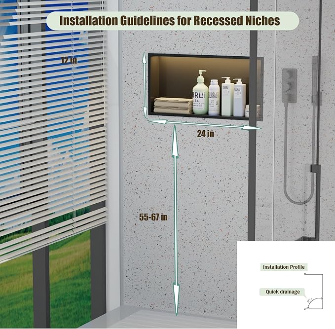 Shower Niche No Tile Needed with Waterproof LED Light Strip for Bathroom Storage， Bathroom for Shower Wall Lighted Niches，Stainless Steel Waterproof Shelf，Matte Black （ 24 x 12 in）