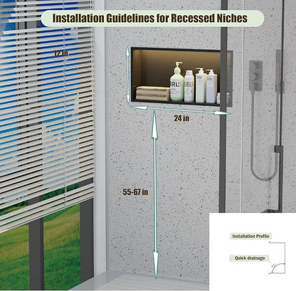 Shower Niche No Tile Needed with Waterproof LED Light Strip for Bathroom Storage， Bathroom for Shower Wall Lighted Niches，Stainless Steel Waterproof Shelf，Matte Black （ 24 x 12 in）