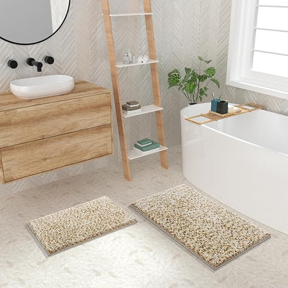 Yimobra Bath Mats for Bathroom Non Slip, 31.5x20, Extra Soft Chenille Bathroom Rugs, Fluffy Plush Luxury Shower Mat Outside, Water Absorbent, Machine Washable, Sink and Tub, Beige & Light Coffee