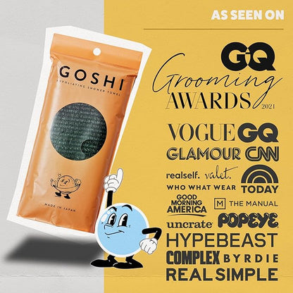 GOSHI Exfoliating Shower Towel - Rip-Resistant Exfoliating Washcloth for All Skin Types - Moss Green - Made in Japan