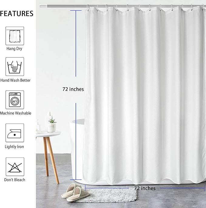 AooHome Heavy Duty Fabric Shower Curtain, Solid White Waffle Weave Bathroom Curtain with Hooks, Weighted Hem, Water Repellent, 72x72 Inch