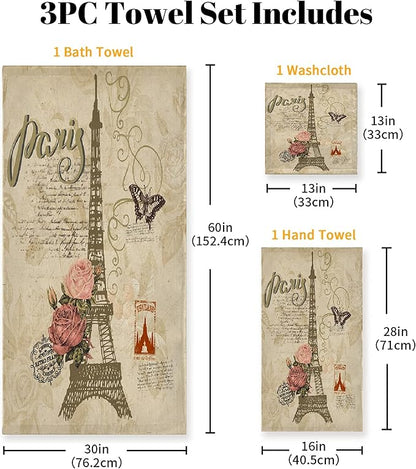 Vintage Butterfly Paris Eiffel Tower 3 Piece Towel Bathroom Sets, 1 Bath Towel, 1 Washcloth, 1 Hand Towel, Cotton Fast Dry Soft Absorbent Towel Set for Home Kitchen Family