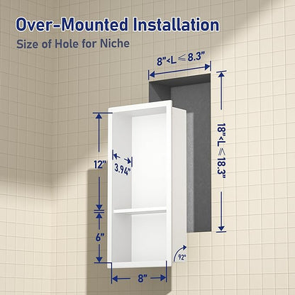Stainless Steel Shower Niche 18"× 8" White Double Shelves No Tiled Need Recessed Niche Shower for Wall Storage Bathroom Niche Shelf Over-Mounted Installation