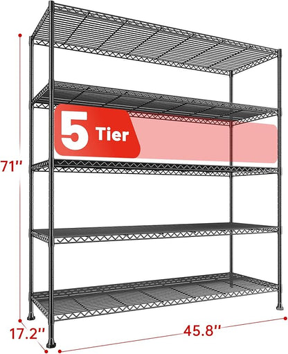 REIBII 45.8“W Metal Shelving Storage Shelves, 5-Tier Wire Shelving Unit,Heavy Duty Garage Shelving, Adjustable Storage Rack for Restaurant Pantry Kitchen Dining Room Supermarket Commercial Black