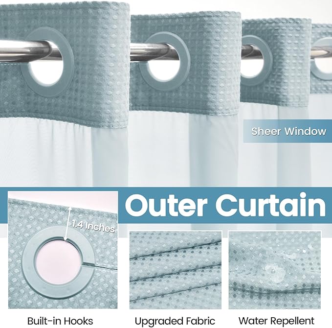 Fog Blue No Hook Shower Curtain with Snap in Liner,230GSM Waffle Weave Shower Curtains for Bathroom,71W x 74H