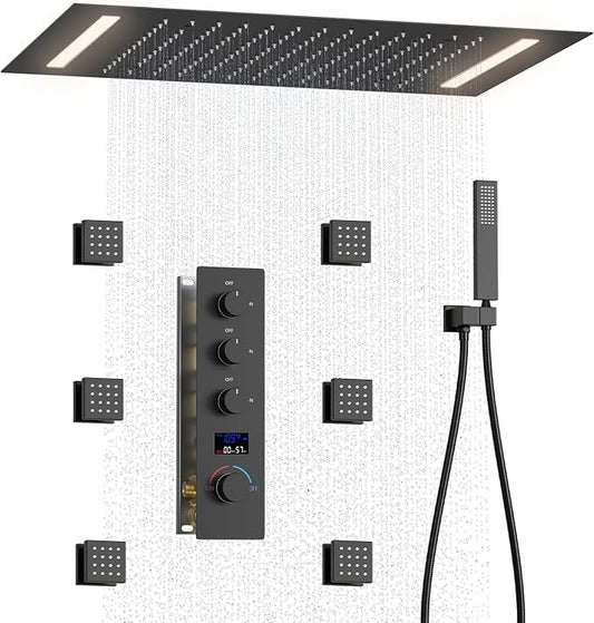 Temperature Display Shower Faucet Set Matte Black Shower System with Body Jets, with 14X20 inch Ceiling Mount Shower Head and Handheld Spray