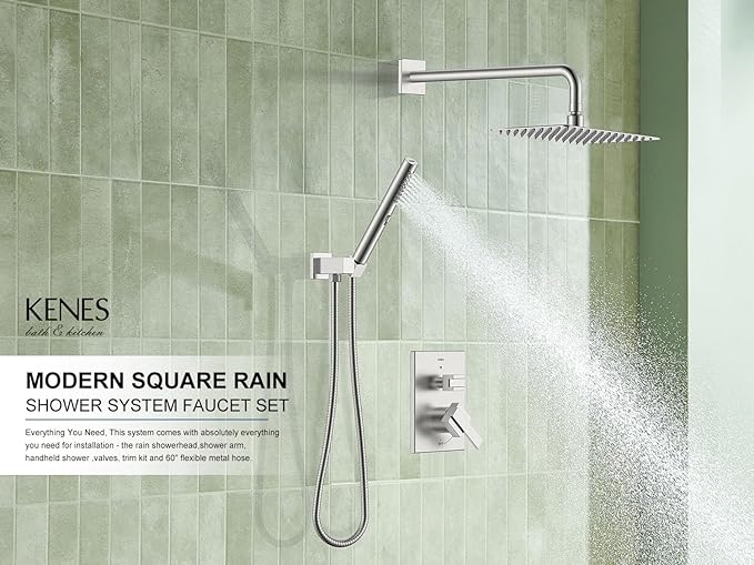 KENES Square Rainfall Shower System Faucet Set, Brushed Nickel Rain Shower Head and Handle Set, 10 Inch Stainless Shower Head with Handheld Spray (Shower Valve Included), LJ-6026A