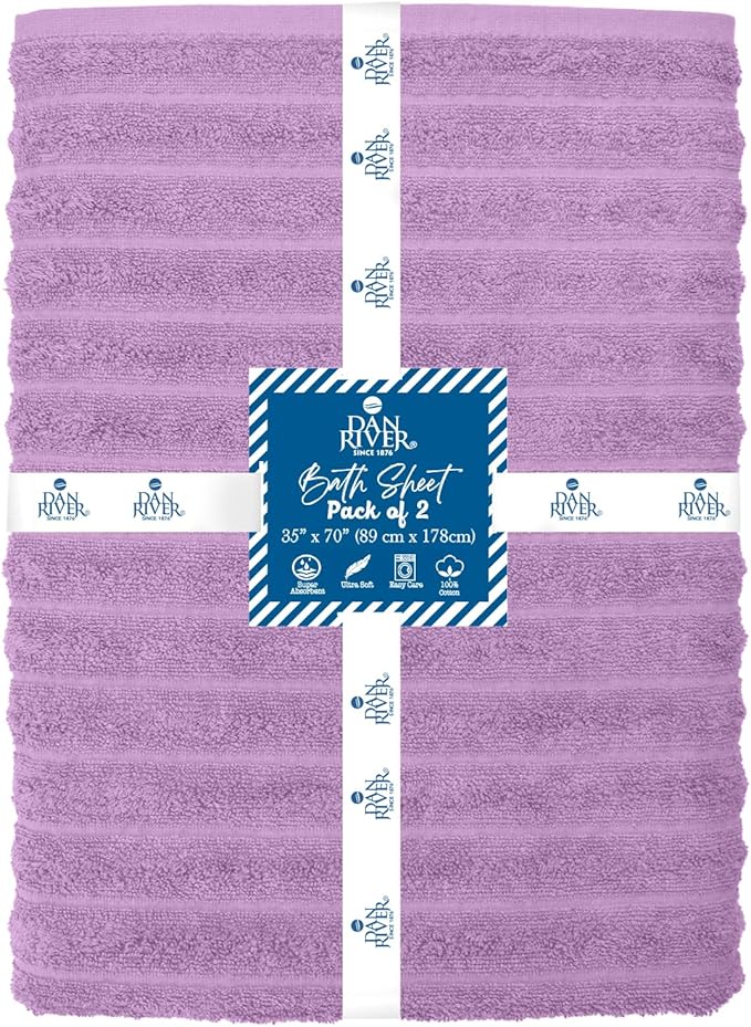DAN RIVER Pack of 2 Bath Sheet 35x70 Inches, Ribbed XL Towels Oversized for Adults, Fluffy and Soft Plush Towels - Lavender