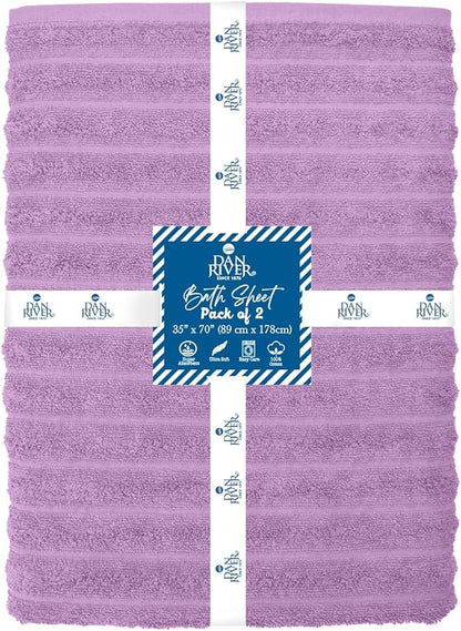 DAN RIVER Pack of 2 Bath Sheet 35x70 Inches, Ribbed XL Towels Oversized for Adults, Fluffy and Soft Plush Towels - Lavender