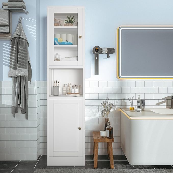 COFaR 67" Tall Metal Bathroom Storage Cabinet,6-Tier Narrow Cabinet with Glass Doors and Adjustable Shelves,Linen Cabinet for Small Spaces,Tall Cabinet for Bathroom,Living Room,White