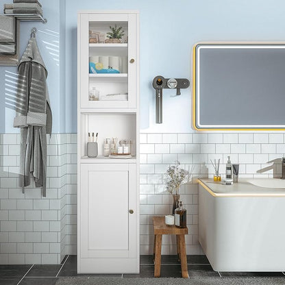COFaR 67" Tall Metal Bathroom Storage Cabinet,6-Tier Narrow Cabinet with Glass Doors and Adjustable Shelves,Linen Cabinet for Small Spaces,Tall Cabinet for Bathroom,Living Room,White