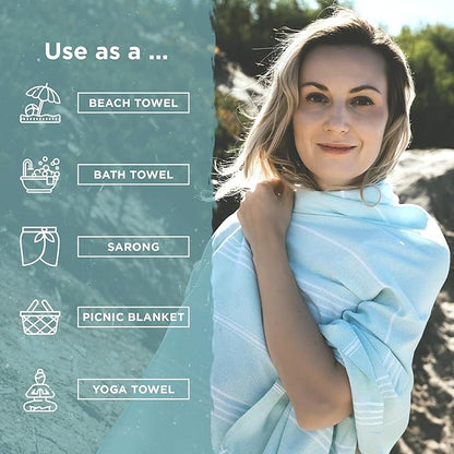 Large Turkish Beach Towel, Classic Beige - Super Soft & Lightweight Quick Dry Absorbent Towels for Beach, Picnic Blanket or Bath Towel - Sand Free Organic Turkish Cotton Yarn