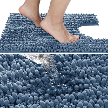 Yimobra Toilet Rug U Shaped Washable 24x24 Inch - Ultra Soft Absorbent Chenille Bath Rugs for Toilet, Quick Dry & Machine Washable, Non Slip Contour Bathroom Mat, Denim Blue