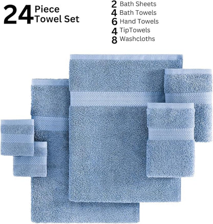Lane Linen Bath Towel Set - 24 Pcs - Made From 100% Ring Spun Cotton - Quick Dry, Soft & Absorbent - 2 Bath Sheet, 4 Fingertip, 4 Bath, 6 Hand Towels, 8 Washcloth - Multipurpose Towels - Cerulean Blue
