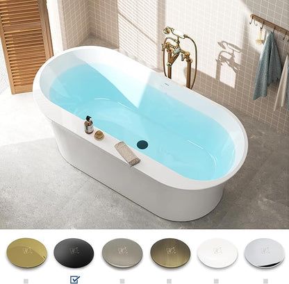 FerdY Mauritius 67" Acrylic Freestanding Tub, Oval Contemporary Soaker Tub, Extra Deep Bathtub, Matte Black Drain and Minimalist Linear Design Overflow, Modern White Bathtub, cUPC Certified