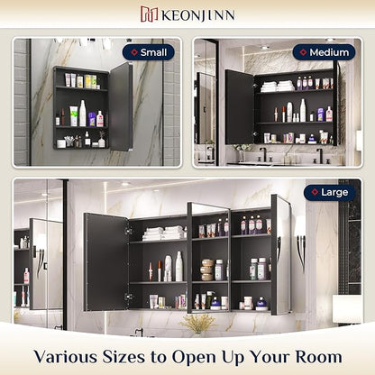 Keonjinn 48 x 32 Inch Large Black Medicine Cabinets, Recessed Bathroom Medicine Cabinet, Black Stainless Steel Framed, Sturdy & Heavy, Adjustable Shelves, Oversized Bathroom Mirror with Storage
