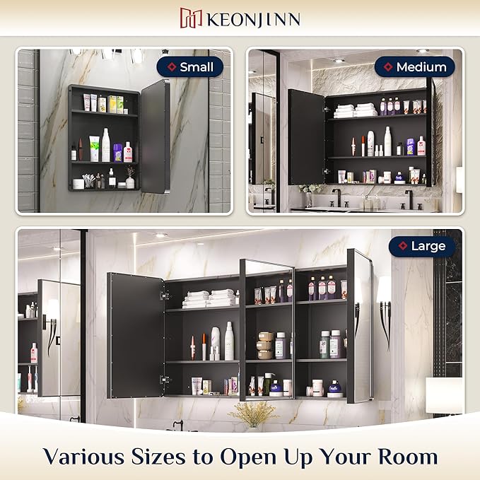 Keonjinn 40 x 32 Inch Large Black Medicine Cabinets, Recessed Bathroom Medicine Cabinet, Gloss Black Stainless Steel Framed, Sturdy & Heavy, Adjustable Shelves, Oversized Bathroom Mirror with Storage