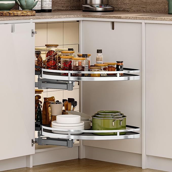 DWVO Corner Cabinet Organizer, 2-Tier Blind Corner Pull Out with 270° Rotating Shelf, Left Swing Tray, Heavy-Duty Iron, Easy-Install Template, 32.7"x17.3"x21.3", Gray