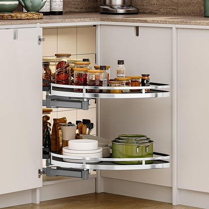 DWVO Corner Cabinet Organizer, 2-Tier Blind Corner Pull Out with 270° Rotating Shelf, Left Swing Tray, Heavy-Duty Iron, Easy-Install Template, 32.7"x17.3"x21.3", Gray