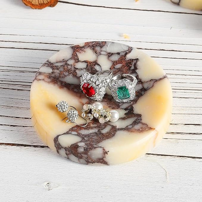 Koville Luxury Italy Calacatta Viola Marble Jewelry Dish, Small Round Trinket Dish for Ring Necklace Earring, 4" Stone Decorative Dish, Aesthetic Home Table Marble Decor