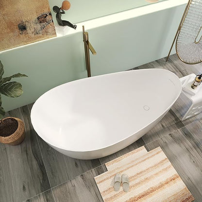 Premium Unique 65" Solid Surface Freestanding Tub, Upgraded Matte White Stone Resin Bathtub with Overflow and Pop-up Drain