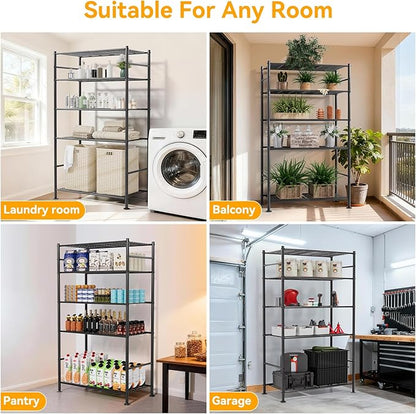 5 Tier Shelf Organizer Rack, Metal Shelving Unit with Adjustable Leveling Feet, Space-Saving Storage Shelves for Garage Closet Laundry Bathroom Kitchen Pantry, 33.07”Wx12.6”Dx72.04”H,Black