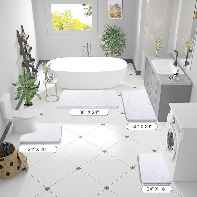 OLANLY Bathroom Rugs 44x24, Extra Soft Absorbent Chenille Bath Rugs, Rubber Backing Quick Dry, Machine Washable Bath Mats for Bathroom Floor, Tub and Shower, Home Decor Accessories, White