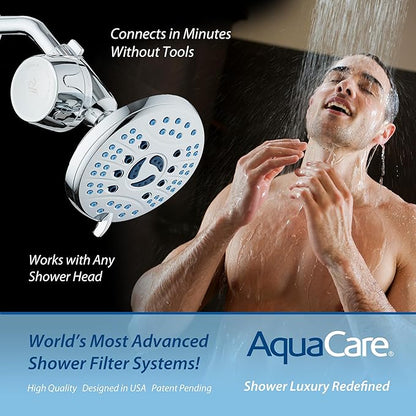 AquaCare Skin & Hair - World's Only Universal Shower Water Filter for All Shower Head Types with ON/OFF Filtration Modes, Instant Cartridge Reload & Stay-Clean American KDF Cartridge, Chrome Finish