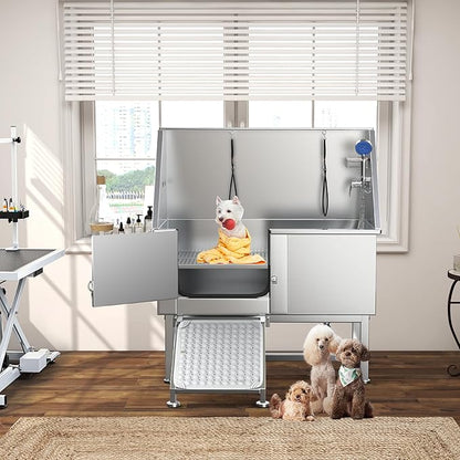YITAHOME 50in Dog Bathing Station, Professional Stainless Steel 304 Dog Bathtub, Pet Grooming Tub w/Left Ramp, Floor Grate, Faucet, Pet Washing Station for Large, Medium, Small Pets, Indoor, Outdoor