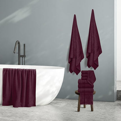 Belizzi Home 100% Cotton Towel Set, Contains 6 Soft Bath Towel, 6 Hand Towels, 12 Wash Cloths - Compact Absorbent Lightweight & Quickdry Towels for Bathroom - 24 Piece Bathroom Towel Set - Burgundy