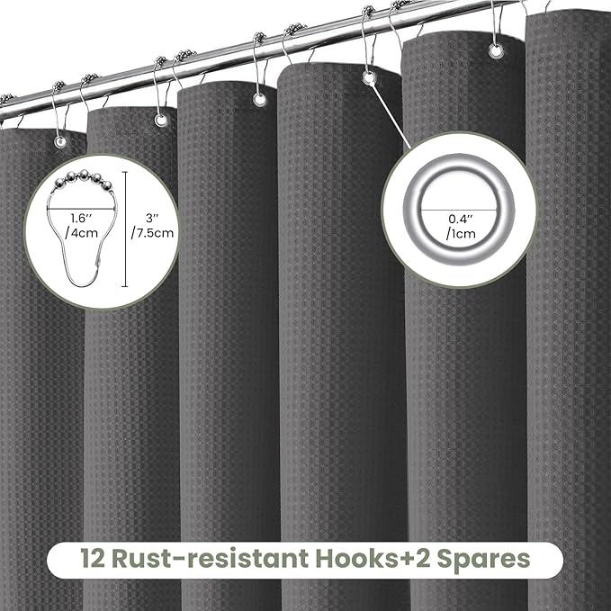 Inhousolu Fabric Shower Curtain Waffle Weave, Graphite Grey 230 GSM Heavy Duty, Weighted Hem, 14 Metal Hooks, Water Repellent, Machine Washable, Hotel Spa Luxury Bath Curtain Set, 72 x 84 Inch