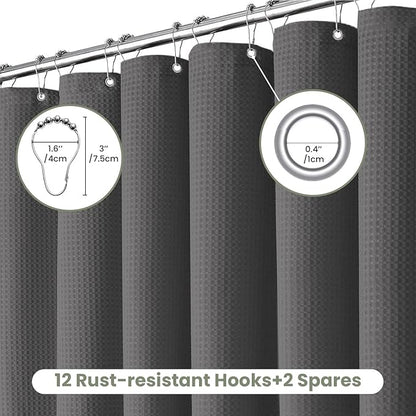 Inhousolu Fabric Shower Curtain Waffle Weave, Graphite Grey 230 GSM Heavy Duty, Weighted Hem, 14 Metal Hooks, Water Repellent, Machine Washable, Hotel Spa Luxury Bath Curtain Set, 72 x 84 Inch