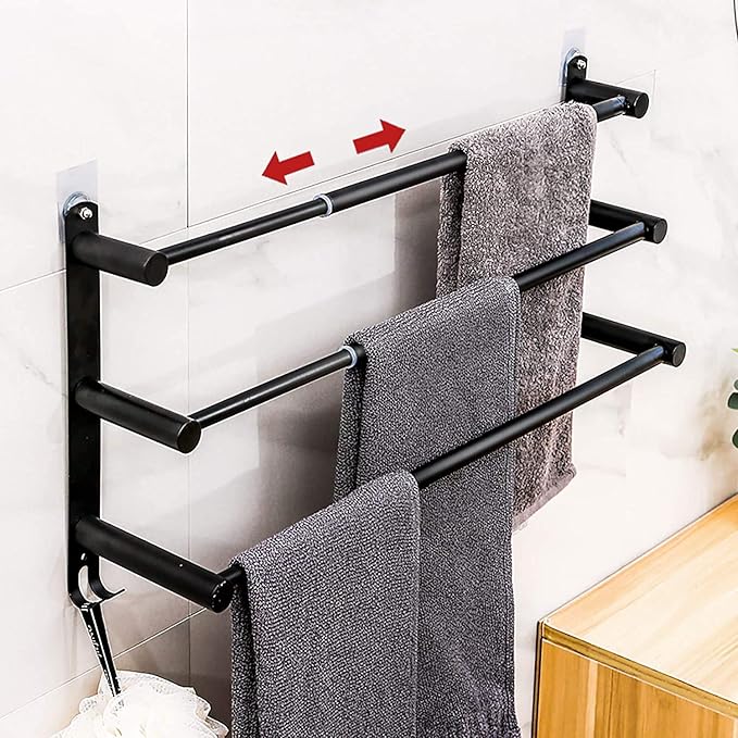 Black Adjustable Towel Bar for Bathroom Wall Mount17-30.7inch Adhesive Shower Towel Rack Stainless Steel Bath Towel Holders for Toilet Kitchen Double Towel Hanger (Black 3 Bar)