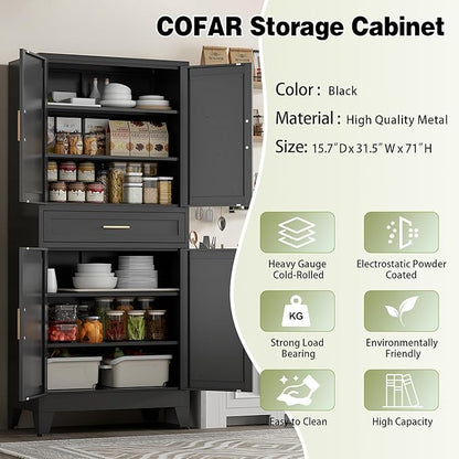 COFaR 71" Tall Metal Storage Cabinet with 4 Doors and 4 Adjustable Shelves, 6-Tier Farmhouse Storage Cabinet with Drawers and Legs, for Office, Home, Garage, Gym, School, Living Room, Hallway（Black）