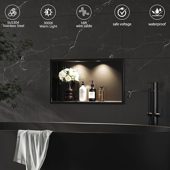 Neodrain 20X12Inch Shower Niche with Non-dimmable LED Downlight, Matte Black Wall Niche Stainless Steel Wall Niche NO Tile Needed Recessed Cubby for Bathroom Storage