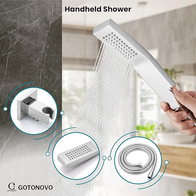 gotonovo Shower System with Tub Spout Wall Mounted Rain Shower Head and Handle Combo Shower Faucet Set with Valve, 12 Inch, Polish Chrome