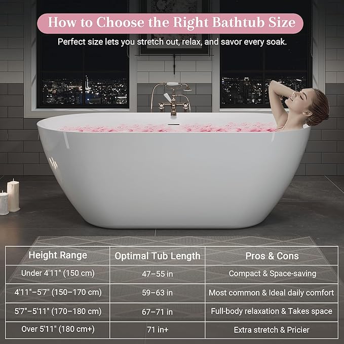 ABRUZZO 55" Acrylic Freestanding Bathtub - Oval Deep Soak Tub, Center Drain & Overflow, cUPC Certified Glossy White