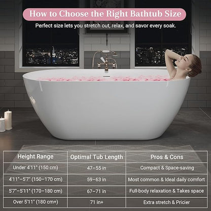 ABRUZZO 63" Acrylic Freestanding Bathtub - Oval Deep Soak Tub, Center Drain & Overflow, cUPC Certified Glossy White
