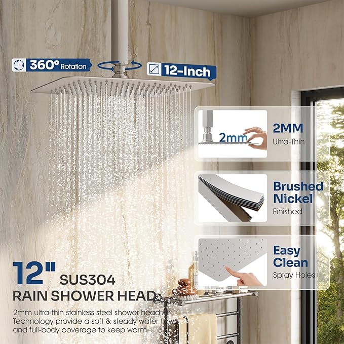Ceiling Mount Shower System, Shower Faucet Set with 12-Inch Rain Showerhead and Handheld Spray Combo, High-Pressure Showerheads Set with Valve and Trim Kit, Brushed Nickel